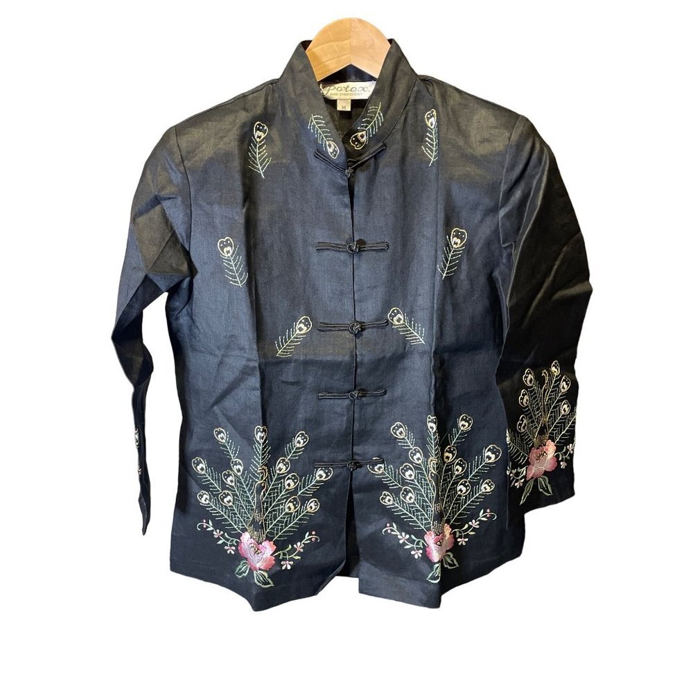 Potex NWT Black Linen Asian Inspired Peacock Embroidered Top Sz M